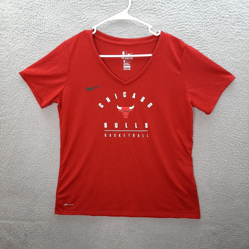 Chicago Bulls Shirt Womens Large Red Nike Dri‎ Fit V Neck NBA Basketball Swoosh